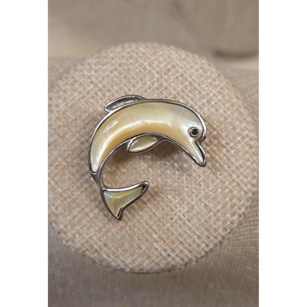 Vintage Sterling Silver &‎ Abalone Inlay Dolphin Brooch 925